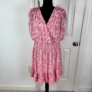 BCBG Paris Size XXL Pink White Floral Smocked Waist Ruffle Mini Dress Sleeveless